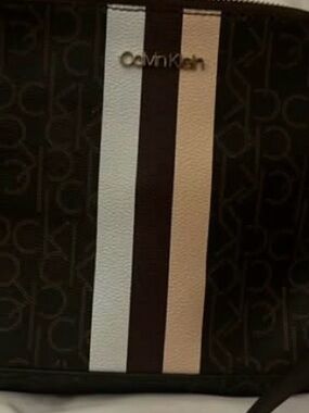 Calvin Klein Beige Monogram Interior Tote with Brown Trim